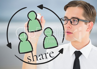 share (text +graph). Young businessman writing it in the screen