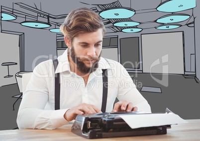 Millennial man at typewriter against blue and grey hand drawn office