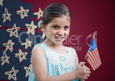 Girl holding american flag against maroon background with hand drawn star pattern
