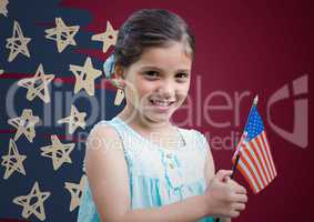 Girl holding american flag against maroon background with hand drawn star pattern