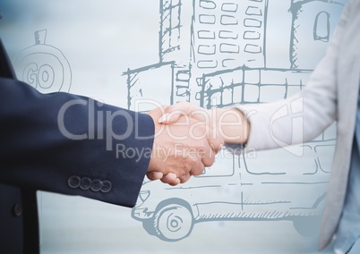 Hand shake against blurry 3D blue wood panel with city doodle