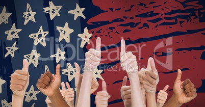 Mixed-raced people having thumbs up against drawn american flag