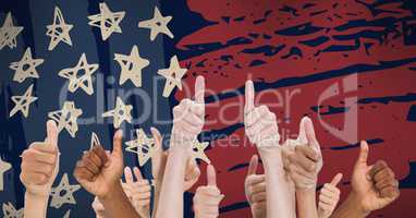 Mixed-raced people having thumbs up against drawn american flag