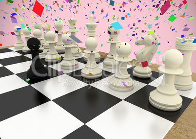 3D Chess pieces against pink background with confetti