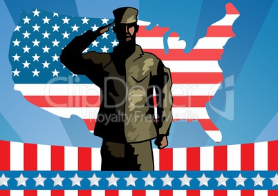 Drawing of soldier in front of american map