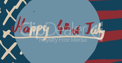 Red and cream fourth of July graphic in blue circle against hand drawn american flag
