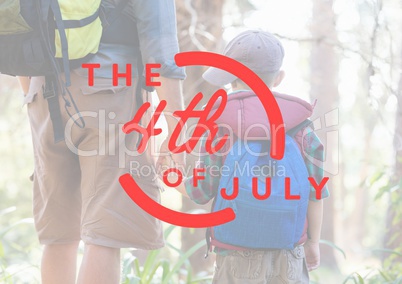 Red fourth of July graphic against father and son in forest