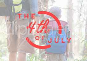 Red fourth of July graphic against father and son in forest