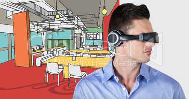 Business man in virtual reality headset against 3D hand drawn office and white transition