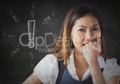 Frustrated business woman against grey wall and white exclamation point