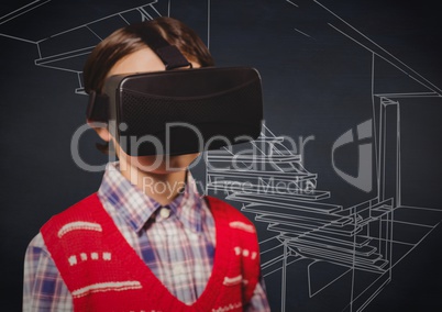 Boy in virtual reality headset against white hand drawn stairs and navy chalkboard