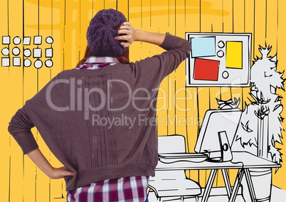 Back of millennial woman against 3d yellow hand drawn office