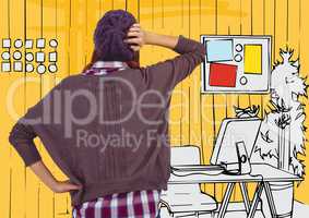 Back of millennial woman against 3d yellow hand drawn office