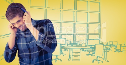 Milennial man with headphones against 3d yellow and blue hand drawn office