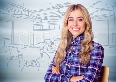 Millennial woman smiling against 3d blue hand drawn office