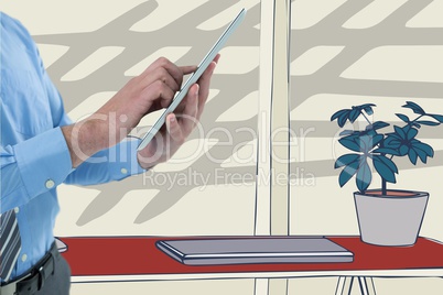 Man using a digital tablet with colored drawing on background