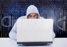 3d Hacker using a laptop in front of digital screen