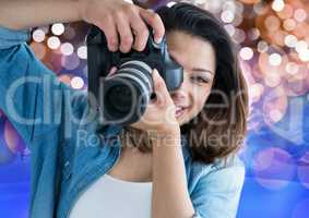 3d happy young photographer taking a photo. Brown, blue and white bokeh background
