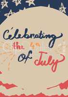 Blue, pink and yellow fourth of July graphic against hand drawn american flag