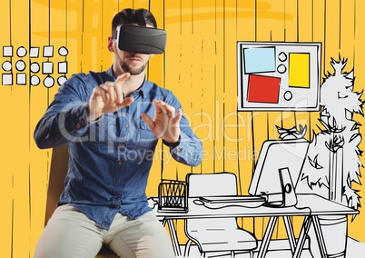 Man in virtual reality headset sitting against yellow hand drawn office