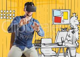 Man in virtual reality headset sitting against yellow hand drawn office