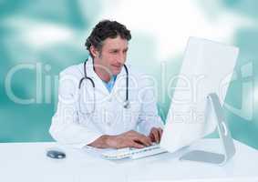 Doctor at computer against blurry teal vector mesh