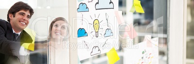 Business people smiling with window and sticky notes transition