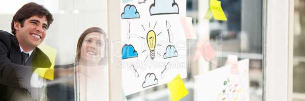 Business people smiling with window and sticky notes transition