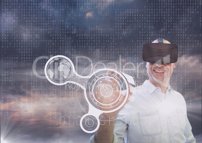 Happy man in VR headset touching interface against purple sky with clouds and interface