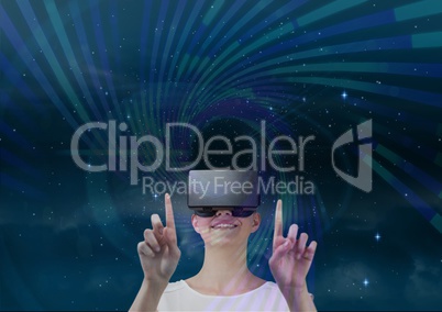 Woman in VR headset touching purple and green interface against blue sky with stars