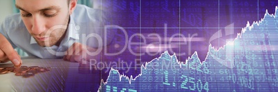 Man counting coins with purple finance graph transition