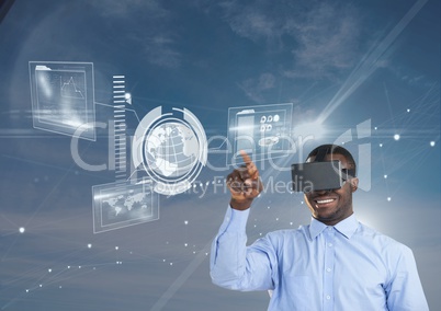 Happy man in VR headset touching interface against blue sky with flares