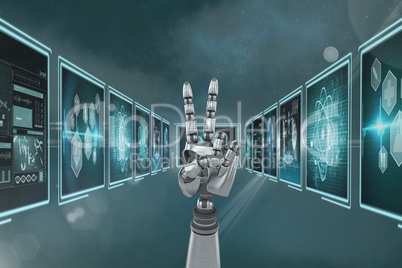 3D robot hand interacting with medical interfaces against blue background with flares 3D robot hand interacting with medical interfaces against blue background with flares