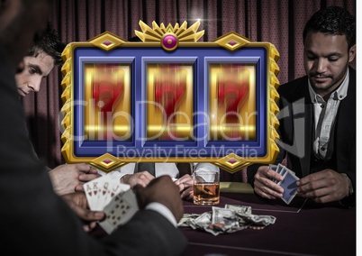 Casino slot machine in front of people playing cards gambling 3d