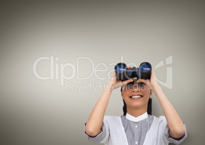 Happy woman looking through binoculars against brown background 3d