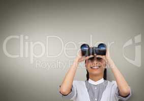 Happy woman looking through binoculars against brown background 3d
