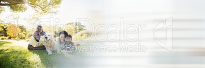 Family lying on grass and blurry white transition 3d