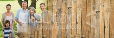 Family smiling at bbq with wood panel transition 3d