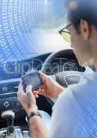 Man holding GPS in car with transition effect