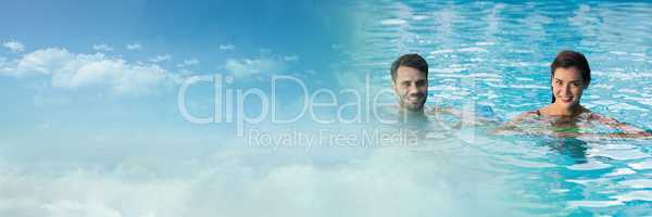 Couple in Swimming pool with sky transition and blue copy space