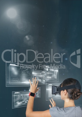 Woman in VR headset touching interface against blue sky with stars and flares
