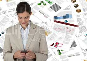 Business woman looking at phone against document backdrop