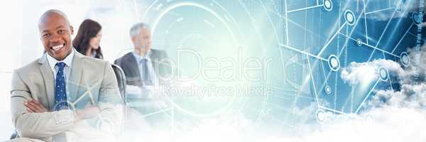 Business man arms folded with blue smart tech and clouds transition