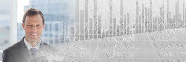 Business man at window with grey finance graph transition