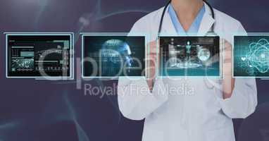 Woman doctor interacting with medical interfaces against purple background 3d