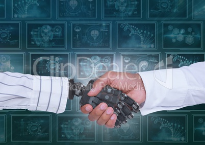 3D robot hand and person shaking hands against background with medical interfaces