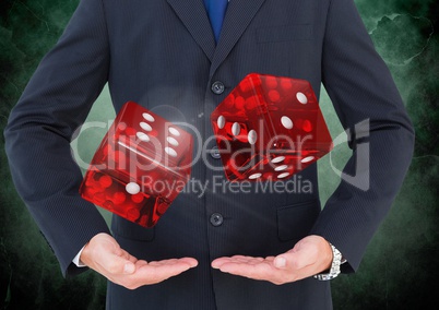 Hands holding playing 3d dice in air floating