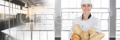 Pastry baker Chef with windows and kitchen bakery background