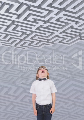 Boy looking up to a maze against background with 3d mazes