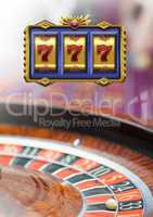 3d Casino slot machine 7s in front of roulette